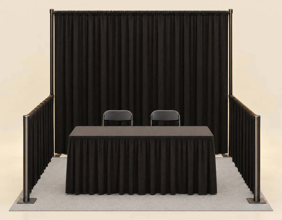 Illustration of the booth from the front, with the skirted table and two folding chairs